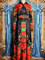 M【新品インポートセレクト】ドット薔薇花柄フルオープン ラグジュアリードレスシャツワンピース