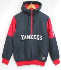 s24g-1358x【中古】MLB　Majestic New York YANKEES Padding Anorak  ﾔﾝｷｰｽ　中綿ｱﾉﾗｯｸ　ﾊｰﾌｼﾞｯﾌﾟ　ﾌｰﾄﾞ付きｼﾞｬｹｯﾄ　Mｻｲｽﾞ