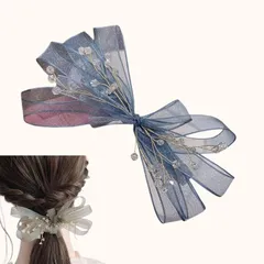 Liebendo ヘアクリップ 髪飾り チュールリボン ヘアアクセサリー 森ガール 誕生日 発表会 撮影用 結婚式 フォーマル 通勤 通学 パーティー(ブルー)