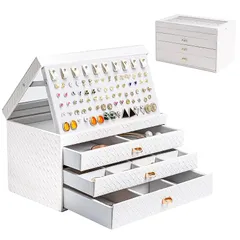 ProCase アクセサリー収納 ジュエリーボックス 4層 引き出し付き ジュエリーケース アクセサリーケース ジュエリー収納 宝石箱 小物入れ ネックレス・ピアス・イアリング・指輪収納 プレゼント 母の日 誕生日?ホワイトウィーブ