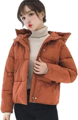 PicoCharm 中綿 ダウン風ジャケット ショート丈 ダウン風コート 防寒 アウター 軽量 フード付き 茶( ブラウン,  L)