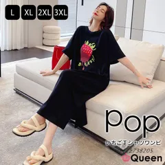 大きいサイズ レディース プリントTシャツワンピース 半袖 ロング丈 黒 新入荷 ストレート L 。可 4L 3L ブラック いちご柄 LL 夏  vii2z738205