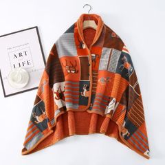 ひざ掛け ブランケット 3WAY 着る毛布  ボタン付き　オレンジ馬柄