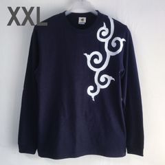 手描き唐草柄袖リブロングTシャツ XXL ネイビー 長袖 紺色 ロンT