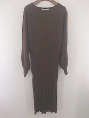 ◇ MOUSSY マウジー ボリュームスリーブ 長袖 膝下丈 ニットワンピース サイズF ダークブブラウン系 レディース E  【1305090002194】