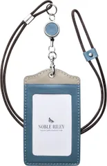 NOBLE RILEY ノーブルライリー idカードホルダー リール 縦 本革 パスケース 社員証ケース ネームホルダー(ブルーグレー)