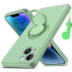 【人気商品】ストラップホール 軽量 黄変防止 防水 一体型 四隅衝撃吸収 TPU おしゃれ 車載ホルダー 滑り止め 360°回転 薄型 フィット感 レンズ保護 アイフォン14 シリコン 液状シリコンカバー リング ケース 緑 14 AYS-21-86 iPho