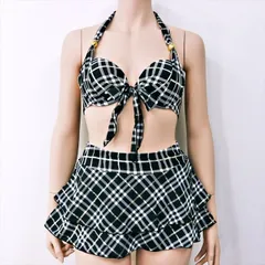 ●SE3G42☆新品同様 美品 ホルターネックビキニ 7S スカートあり ハイレグボトムス 3点セット チェック柄 水着スイムウェア 海プール アンダーワイヤー入り 黒白シルバー オシャレ◎