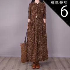 種類6：ネイビー/L ワンピース ワンピドレス 膝下 ロング ロング丈 袖あり 長袖 ラウンドネック 襟なし スタンドカラー Aライン ポケット かわいい 大人可愛い シンプル カジュアル おしゃれ レトロ アジアン エスニック エキゾチック 大人女子 ラフ 