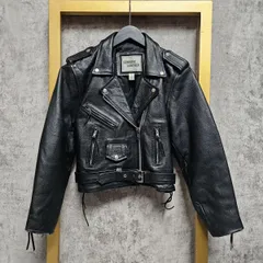 【US古着】GENUINE LEATHER 本革 レザー 編み上げ ライダースジャケット レザージャケット ブラック 黒 L