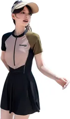 adzu ワンピース水着 体型カバー ボディスーツ コスプレ ラッシュガード フィットネス オールインワン スイムウェア ジッパー 競泳 レースクイーン(カーキ,  L)