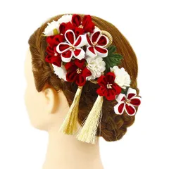 髪飾り 成人式 つまみ細工 赤 振袖 前撮り 袴 花 3点セット 白 ちりめん 房付き 組紐 ヘアアクセ かんざし ヘッドドレス 卒業 No.9-3319