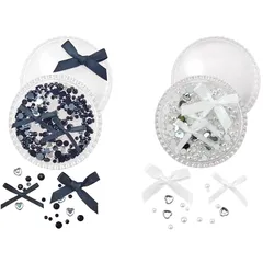 Seiunn ラインストーン メイクパーツ 【2個セット】 ネイルデコパーツ 顔面デコ 3D キラキラ かわいい メイクアップ用 携帯電話装飾 DIY用品 手芸用品 蝶結びのリボン ハート パール 丸形のダイヤモンド 収納ボックス付き (ホワイト+ブラック 0