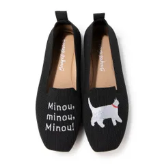 BOUQET 洗える 軽量 ローヒール スクエア 猫刺繍 アニマル ニットパンプス スリッポン オペラシューズ BLACK