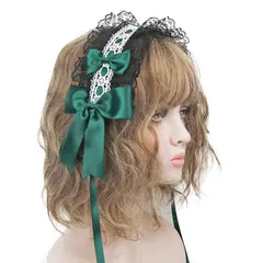 キュート かわいい ヘアクリップ付き メイドカフェ 蝶結び リボン レース lolita カチューシャ ヘアアクセサリー 多色選択 髪飾り ゴスロリ ロリータ (黒+緑) ヘッドドレス Sitengle