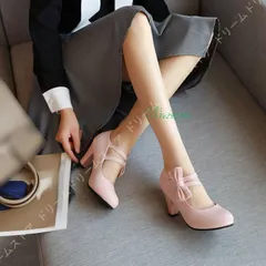 ハイヒール パンプス リボン ラウンドトゥ チャンキーヒール レディース ヒールパンプス 美脚 歩きやすい 小さいサイズ 痛くない 変装 クラブ パーティー  vii3v292350