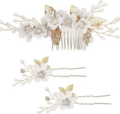 【在庫処分】髪飾り ヘアアクセサリー 花 髪 飾り 浴衣 3点セット 和装髪飾り パール フラワー コーム Uピン ヘアピン ヘア飾り 結婚式 お呼ばれ 和装用髪飾り ウェディング 成人式 七五三 披露宴 パーティー 卒業式 入学式 和装 (ホワイト)