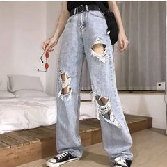2A34ダメージデニムパンツ レディース サイドダメージワイドデニムパンツ かわいい ダメージワイドストレートデニム お出かけ デート バーゲン【送料無料】