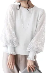 ONE UMB (ワン アンブ) ワンアンブ レース パフスリーブ ニット ブラウス セーター カットソー ニットソー トップス( ホワイト,  L)