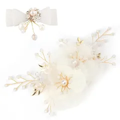 【新品】 HUAZONTOM 髪飾り 結婚式 ヘアアクセサリー 花 蝶結び ヘアクリップ 2点セット ヘッドドレス おしゃれ レディース こども キッズドレス ウェディング アクセサリー ブライダル 卒業式 ピアノ 発表会 フォーマル パールフラワー+リボ 1