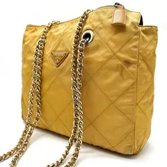 【良品】 PRADA プラダ ショルダーバッグ トートバッグ ワンショルダーバッグ 三角プレート キルティング チェーン ゴールド金具 ナイロン レザー 革 イエロー 黄色 ユニセックス 男女兼用 メンズ レディース