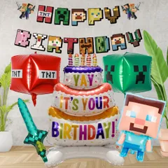 マインクラフト Gタイプ パーティー グッズ ハッピーバースデー 誕生日 装飾 ガーランド バースデーグッズ イベント 風船 バルーン 飾り 装飾 品 豪華 小道具 マイクラ 男の子 子供 キッズ Minecraft ブロック ゲーム 建築 世界 ワールド