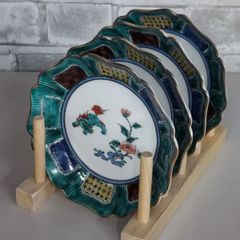 〇　九谷焼　玉峰　色絵　牡丹獅子　銘々皿　八角皿　4枚　クタニヤキ