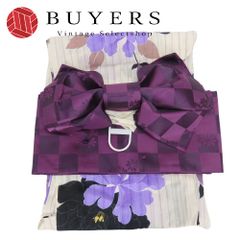 【中古】 浴衣 セット 作り帯 綿 ポリエステル ホワイト パープル 半巾帯 リボン 大人可愛い 和装 呉服 和服 きもの レディース 女性