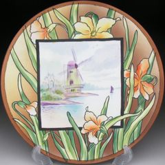 オールドノリタケ 風車風景草花絵 プレート 25cm
