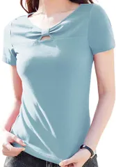 Elixio エリクシオ レディース Tシャツ トップス 半袖 Vネック カットソー 夏 綿 無地 カジュアル おしゃれ 大きいサイズ 着やせ きれいめ ワンポイント ストレッチ デート(水色,  XL)