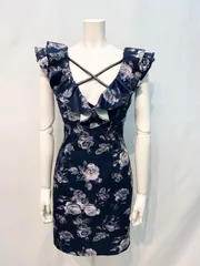 1608 an アン Andy アンディ キャバクラ ドレス バラ柄 フラワー 伸縮性 フリル クロス ストーン タイト ミニ キャバドレス M