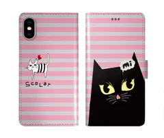 [iPhone11 Pro Max] iPhone15 ケース スカラー スマホケース 手帳型 iPhone16 ケース iPhone 16 15 14 13 SE 第3世代 第2世代 スマホカバー 全機種対応 手帳 ScoLar 黒猫 ピンク ネコ ボーダー