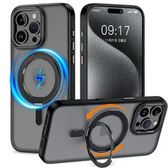 iPhone 16 Pro Max 用 ケース 縦横両対応 リング 【多機能360度回転スタンド】MagSafe対応 ワイヤレス充電対応 半透明マット スマホケース 米軍規格 耐衝撃 カメラレンズ保護 車載ホルダー対応 6.9インチ いphone16pro 1