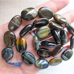 【天然石】ブルータイガーアイ（ホークスアイ）オーバル連 大粒ビーズ ネックレス・ブレスレットに最適 ハンドメイド素材