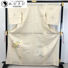 夏着物 付下げ 紗紬 手描き 花草模様 乳白色 トールサイズ K-4501