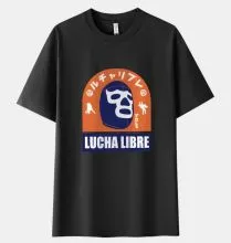 綿100% 6.35オンス 男女兼用 ルチャリブレ メキシコ格闘技Tシャツ（黒地/オレンジアーチ+青覆面）