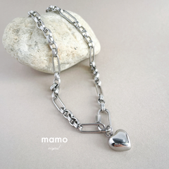 ショップオープン記念！20%OFF♡ ハートチャーム&チャンキーチェーンネックレス　シルバー　ハートチャーム　金属アレルギー対応　サージカルステンレス　mamo