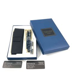 PARKER パーカー 万年筆 ボールペン 2本セット ブルーマーブル ペン先 18K  刻印 ペンケース 箱【OE-766】
