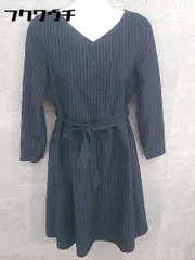 ◇ NATURAL BEAUTY BASIC ベルト付き ストライプ 長袖 膝丈 ワンピース サイズS ネイビー レディース 【中古】 【1002800720200】