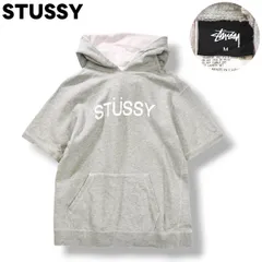 【美品】 ステューシー STUSSY 半袖 スウェット パーカー フーディー トレーナー 裏地 パイル ロゴ プリント M グレー x ピンク ストリート カジュアル ウェア ヒップホップ ダンサー メンズ