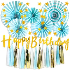 誕生日 飾り付け セット 壁飾り ペーパーファン ガーランド パーティー デコレーション ペーパータッセル バースデー バナー 記念日 子ども お祝い 室内装飾 (ブルー)