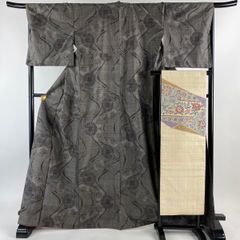 紬 身丈167.5cm 裄丈68cm L 袷 名古屋帯セット 華文 流水 焦茶色 正絹 美品 秀品 【中古】