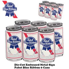 ダイカット エンボス メタルサイン Pabst Glass Blue Ribbon 6 Cans【パブストビール 看板】