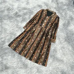 【良品】ひざ丈ワンピース  シャツ  総柄  (F)  昭和レトロ  個性的  レディース  茶系  ブラウン 【送料無料】
