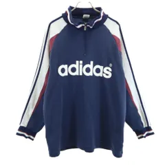 adidas アディダス 80s 日本製 デサント製 ヴィンテージ 長袖 ハーフジップ ハイネック スウェット トレーナー Ｍ-Ｌ ネイビー系 プルオーバー メンズ 古着