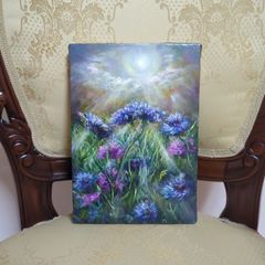 花風景画　【1点物】矢車草風景画　painterTMK真筆 油絵　花　ファインアート　肉筆