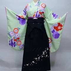 二尺袖 着物 袴 フルセット 長襦袢も含む（半衿付 着物専用）雪輪 菊 薄緑色 袴変更可能 卒業式に NO36135