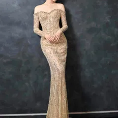 スパンコールにビジューがゴージャスな長袖のオフショル ドレス