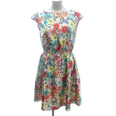 ボンメルスリー BON MERCERIE ワンピース ひざ丈 花柄 フレンチスリーブ 36 ベージュ /AU