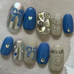 ネイルチップ　韓国　落書き　リボン　ビジュー盛り　ストーン盛り　ハート　ニコちゃん　スマイル